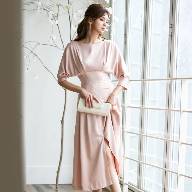 

Foamlina Korean Fashion Women Dress 2019 Autumn New O Neck Batwing Sleeve High Waist A Line Midi Calf Party Dress Robe Vestidos