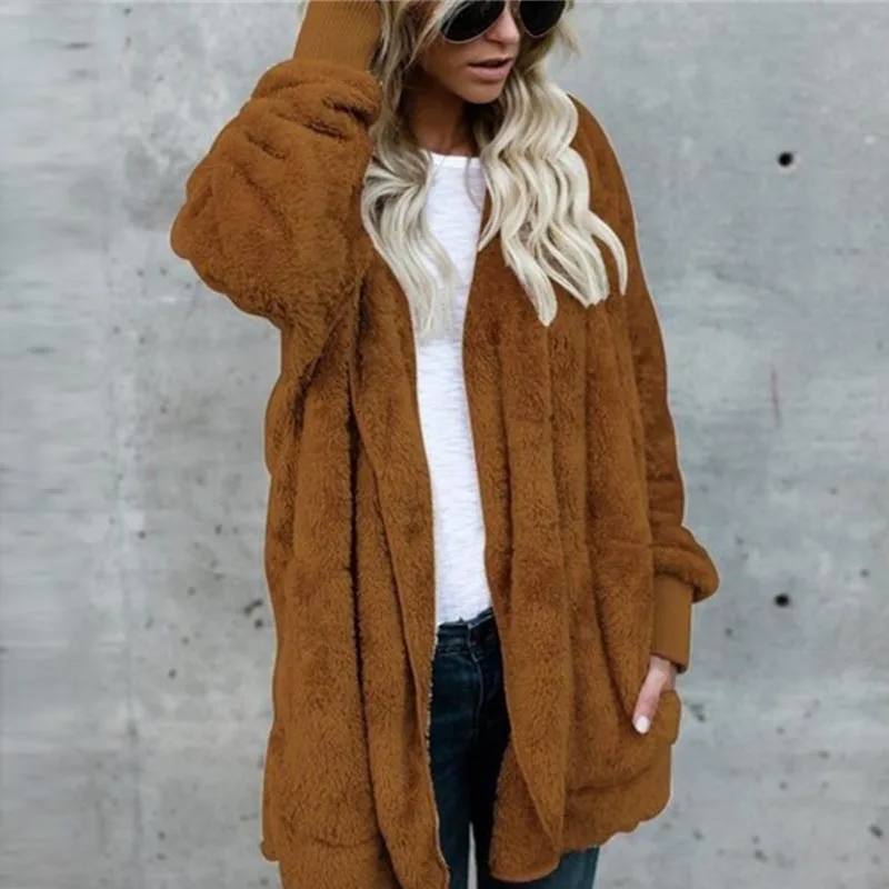 Dark brown Зимний флисовый свитер шерпа флисовый с капюшоном негабаритный длинный кардиган плюшевый пушистый осенне-зимняя теплая одежда женские свитера - Цвет: Dark brown