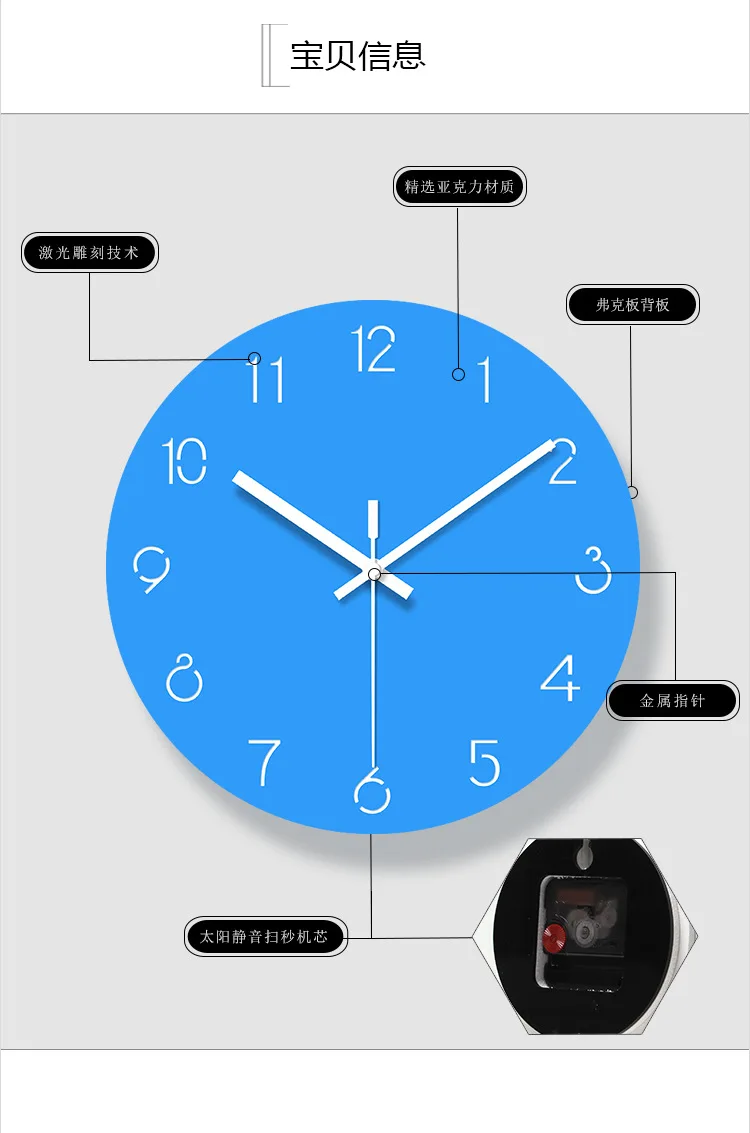 12 дюймы, настенные часы из стекла, акриловые современные домашние декоративные часы Бесшумный ход, не тикающие синие настенные часы