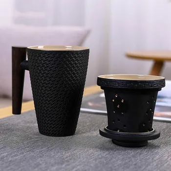 

YeFine Ceramic Coffee Mug With Filter And Cover Creative Wooden Handle Cups With Tea Infuser British Black Tea Mugs Porcelain