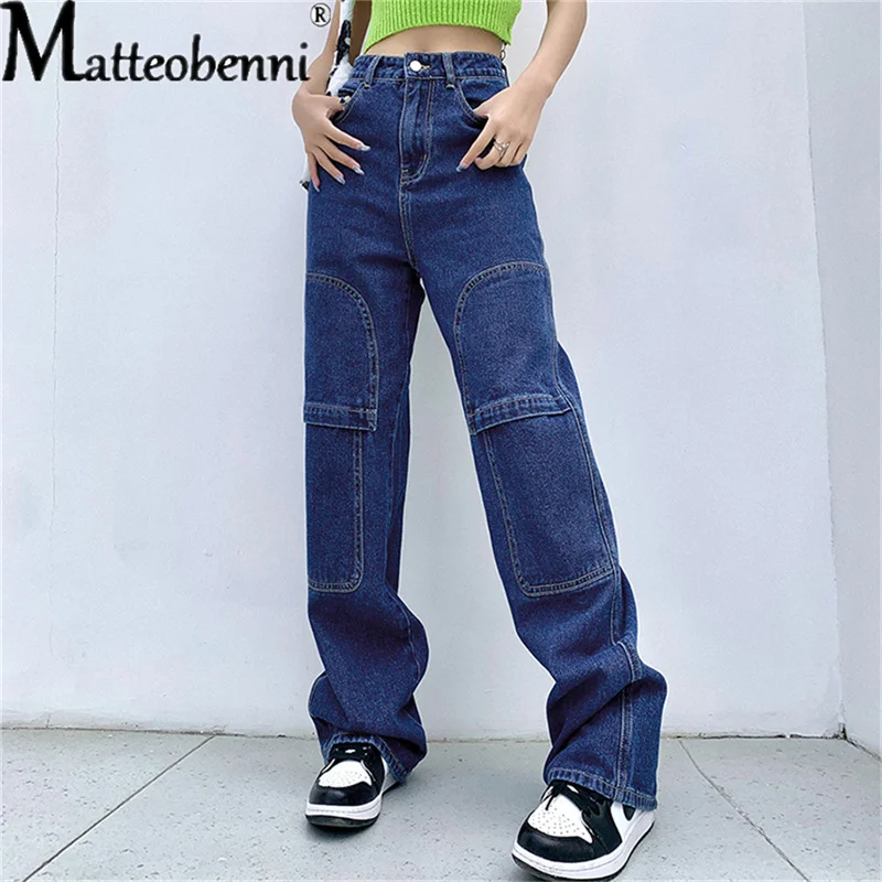 Spring Street Women Tooling Low Waist Wide-Leg Jeans Denim Loose Pants With Pockets 2021 Ladies Fashion Casual Splicing Trousers ladies jeans pants spring and autumn new style light color pants leg zipper hole design leisure personality street pants