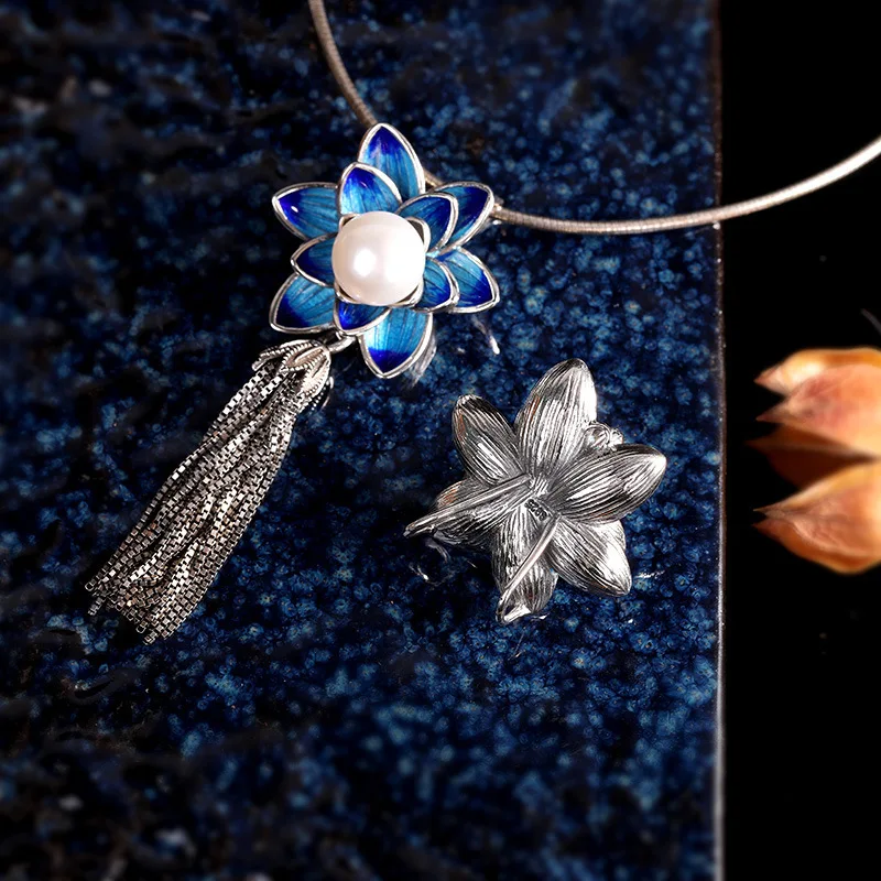 

silver product Chinese national costume sautoir s925 pure silver ornaments women's burning blue lotus pearl pendant