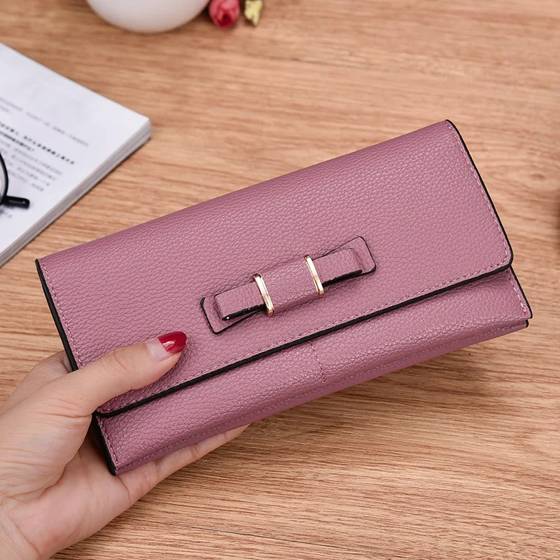 HUGWISER женский кошелек, большого размера с украшением в виде банта, молния для сумки Корейская свежая бумажник изысканный твердой древесины; милые модные тянущиеся - Цвет: Фиолетовый