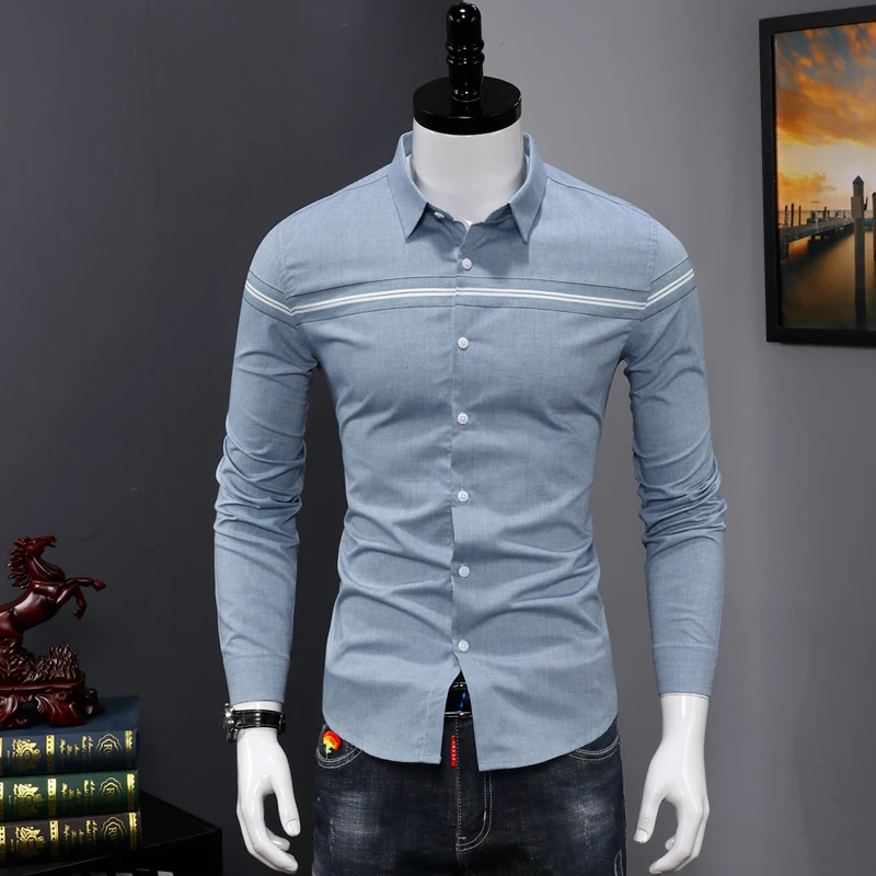

Pure Cotton Mens Business Casual Long Sleeved Men Button Shirt Fashion Striped Slim Fit Male Social Men's Dress Shirts Outwear