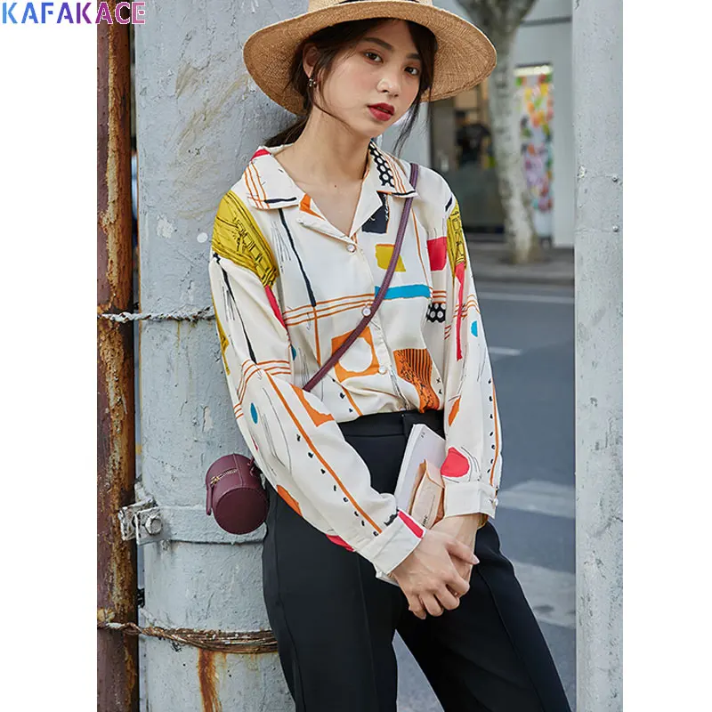 

KAFAKACE 2020 Women Blouse Pattern Print Young Ladies Vintage Blouse Loose Harajuku Casual Shirts Spring Style Cardigan Shirts