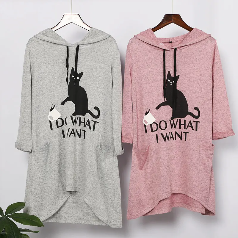 

2019 New Coming Women Hoodies Print Cat Ear Hooded Long Sleeves Roll Up Sleeve Pockets Irregular Lady Top Blouse Shirts