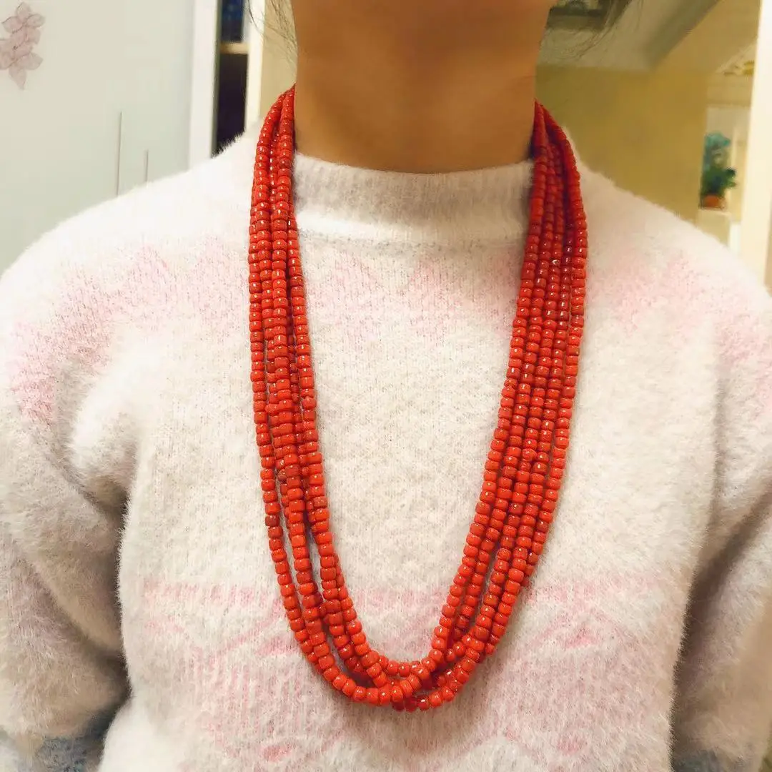 TRIBAL TIBETAN SILVER 5 STRAND CORAL BEADS FASHIONABLE NECKLACE 