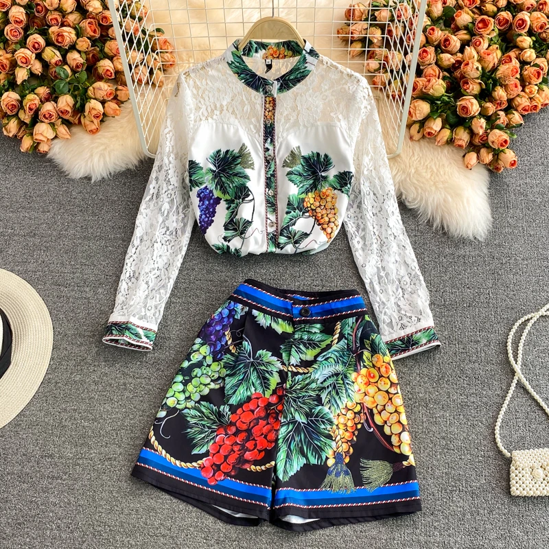 plus size loungewear sets Ladies Temperament Suit 2022 New Female Lace Long-sleeved Top Design Sense Printed Wide-leg Shorts Two-piece Suit matching workout sets