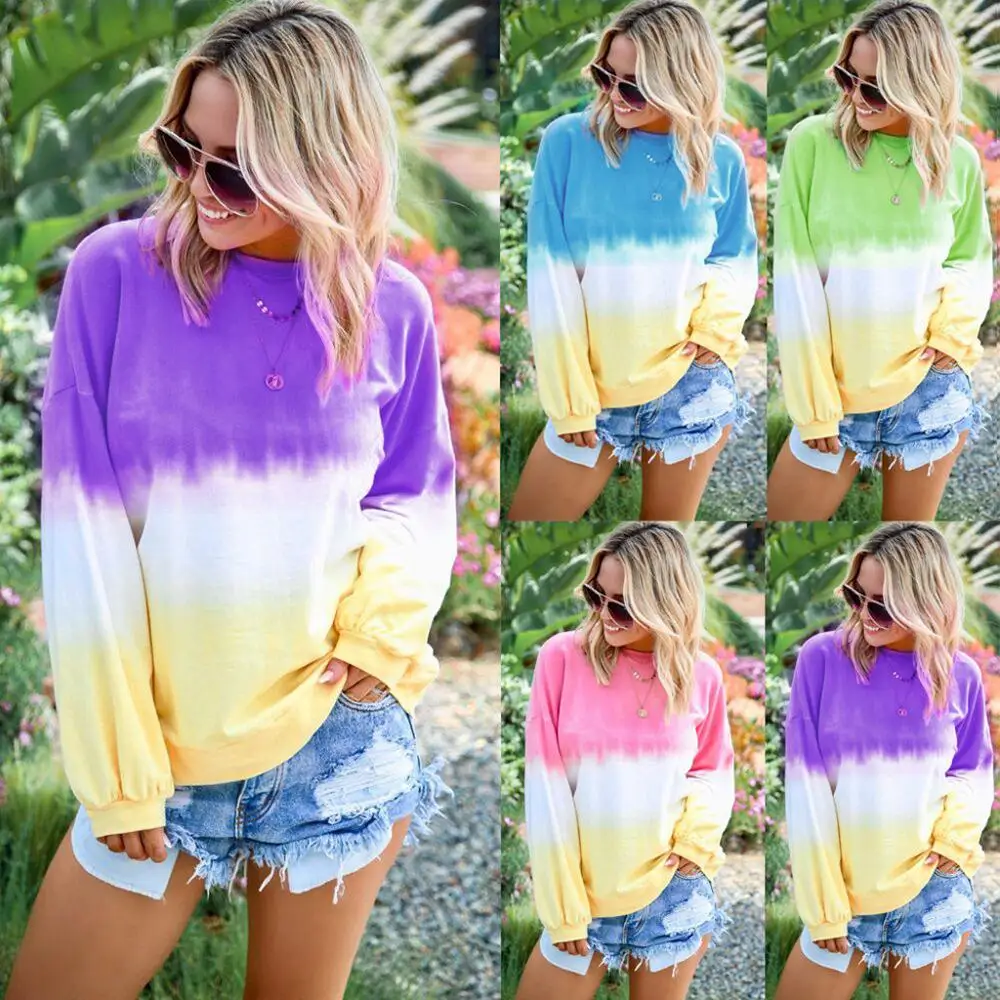 

Fashion Gradient Sweatshirt Women's Casual O-Neck Gradient Contrast Color Long Sleeve Top Pullover Sweatshirt plus size