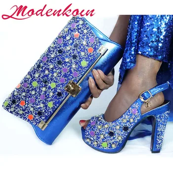 

Modenkoin 2020 Elegant Women Shoes and Bag to Match in Royal blue Color Italian design Lady Shoes and Bag with Rhinestone