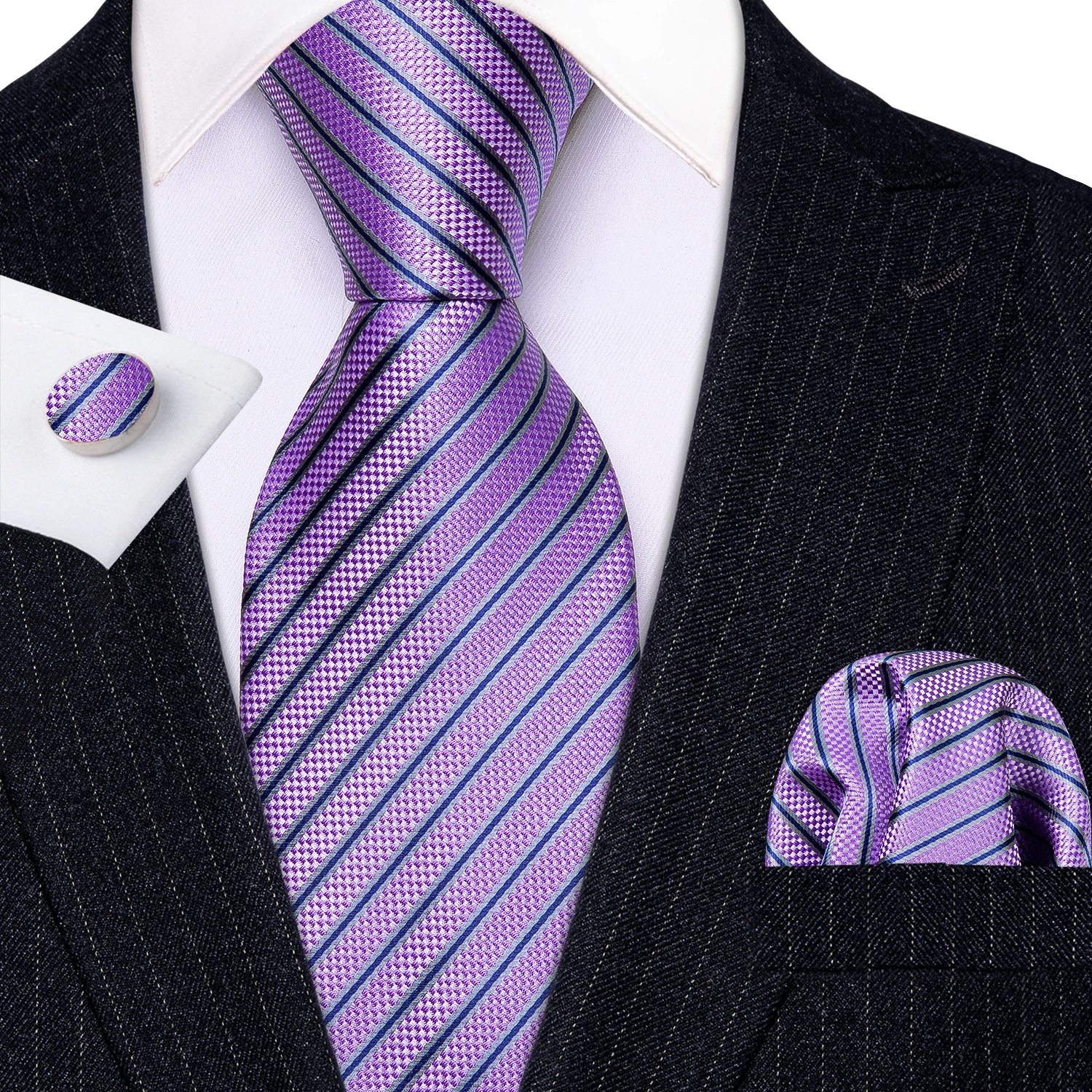 

New Fashion Luxury Purple Striped 100% Silk Ties Gifts For Men Wedding Barry.Wang NeckTies Hanky Sets For Groom Business LN-5307