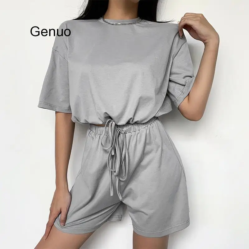 Casual Solid Color Loose Women's Suit High Waist Drop Sleeve Drawstring Sportswear Round Neck Loose Short Sleeve Suit