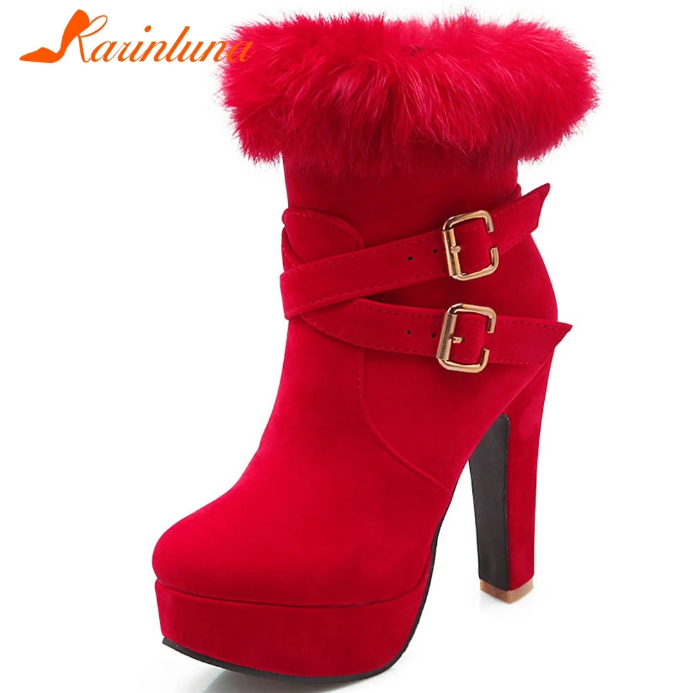 

Karinluna New Fashion Large Size 31-43 Platform Ankle Boots Woman Shoes Zip Up Chunky High Heels Add Fur Winter Boots Lady Shoes