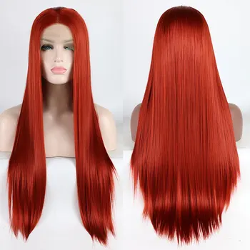 

Bombshell Red Lace Front Wig Female Straight 13*3 Synthetic Long Wig Medium Cut Heat Resistant Natural Fiber Appearance Fashion