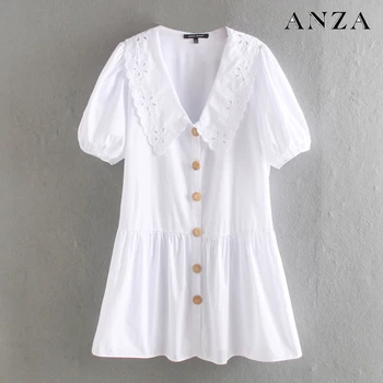 

ANZA Women Minidress 2020 New Za Fashion Solid Short Sleeve Elegant Casual A-line Loose Shirtdress Summer Cotton Minidress