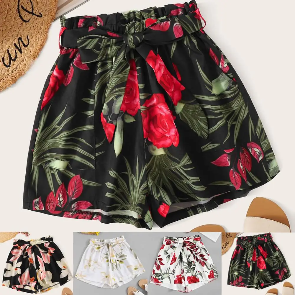 

Womens Shorts Multicolor Elastic Waist Lace Up Floral Loose Shorts Mid Waist Bow Tie Waist Flower Print Shorts