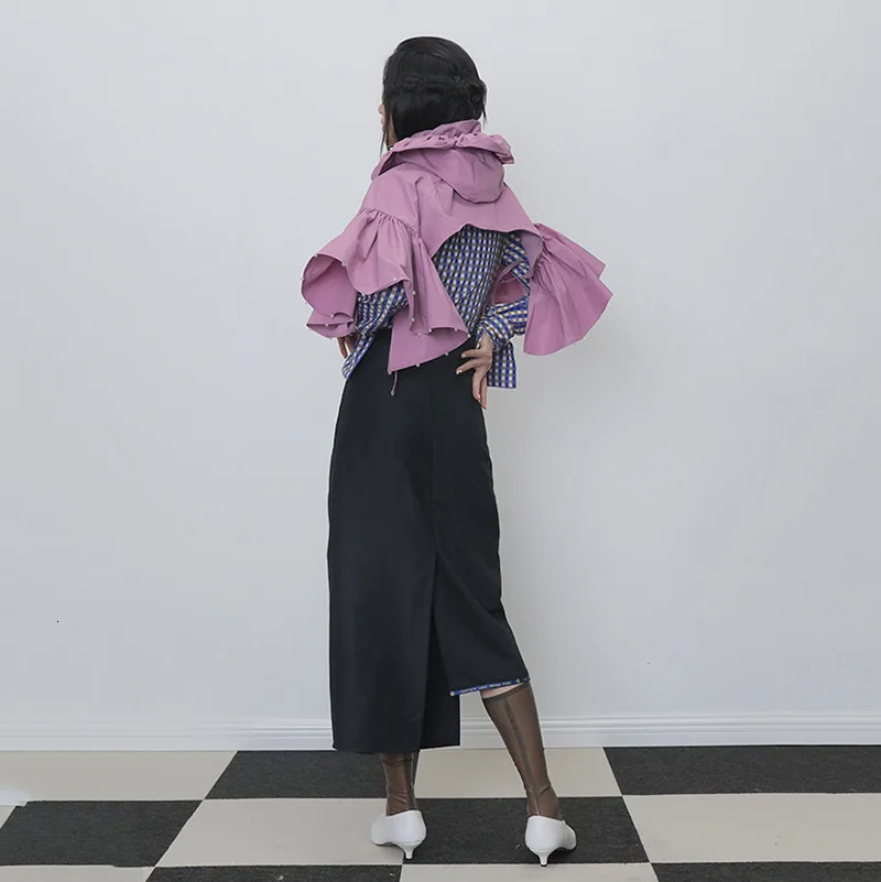 [EAM] Women Ruffles Split Joint Pleated Nailed Purple Pashmina New Long Personality Fashion Tide Autumn Winter 1H265