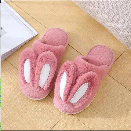 rose red Женские и мужские тапочки с милыми заячьими ушками; зимняя домашняя теплая обувь на плоской подошве; домашние тапочки из хлопка с нескользящей подошвой - Цвет: rose red
