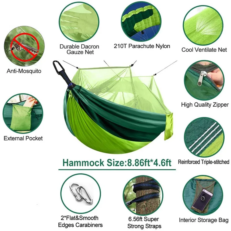 Camping Hammock with Net, Lightweight Portable Double Parachute Hammocks, High Capacity & Tear Resistance for Backyard,Hiking