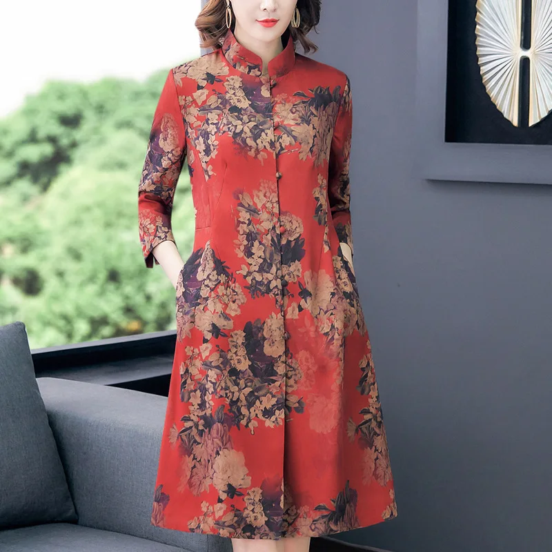 

2020 Early Spring New Style Real Silk Silk Middle-aged Coat Retro Chinese-style Large Size Middle-aged Women Dress Dress Women's