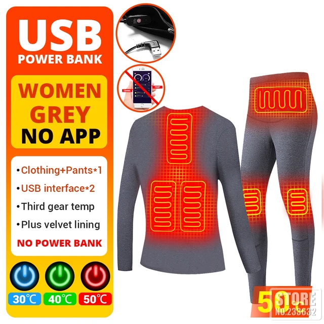 Winter Heated Underwear Suit Smart Phone APP Control Temperature USB Battery Powered  Fleece Thermal Motorcycle Jacket NEW 6 Area Women Grey