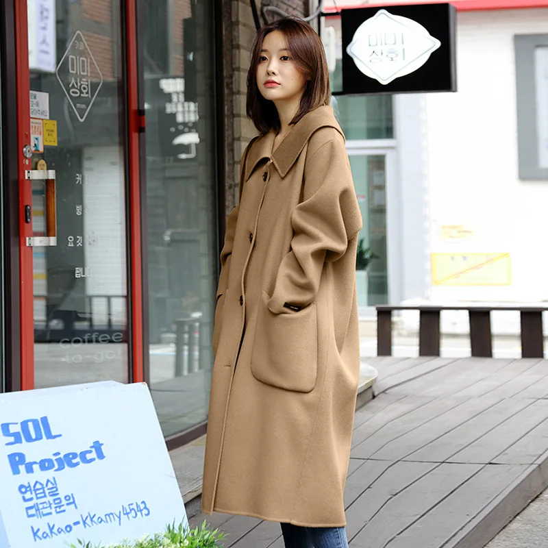 

2019 Autumn New Korean Version College Wind Double-sided Wool Coat Navy Collar Medium Long Coat Long Turn-down Collar Pockets