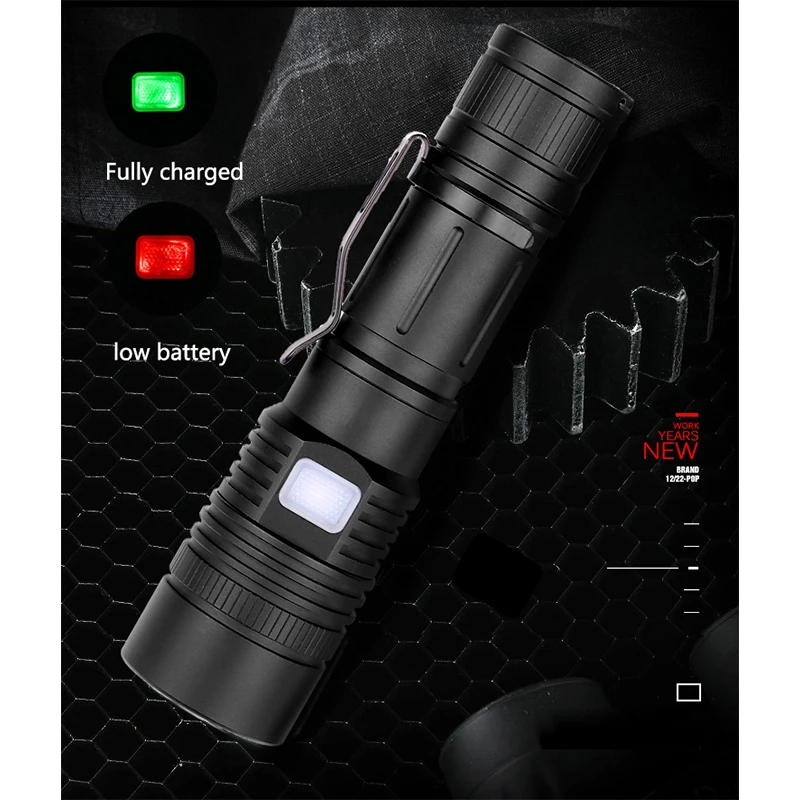 Тактический алюминиевый фонарик масштабируемый яркий XHP50 светодиодный фонарик использовать 18650/26650 с батареей заряжаемой через USB питание в/из 5 режимов
