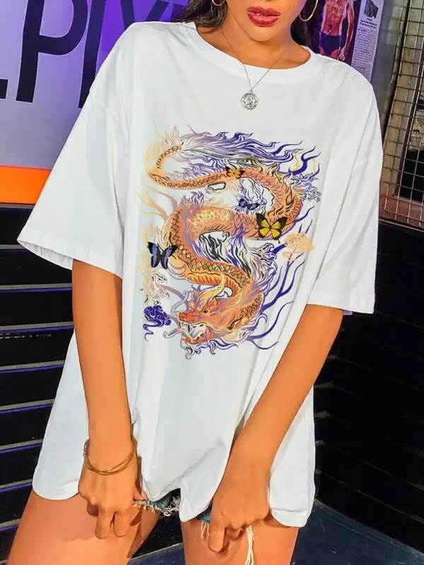 

Women's T Shirt Ulzzang Harajuku Dragon Print Oversized T-shirt Streetwear Tee Tops Summer Short Sleeve T-Shirt Female Clothes