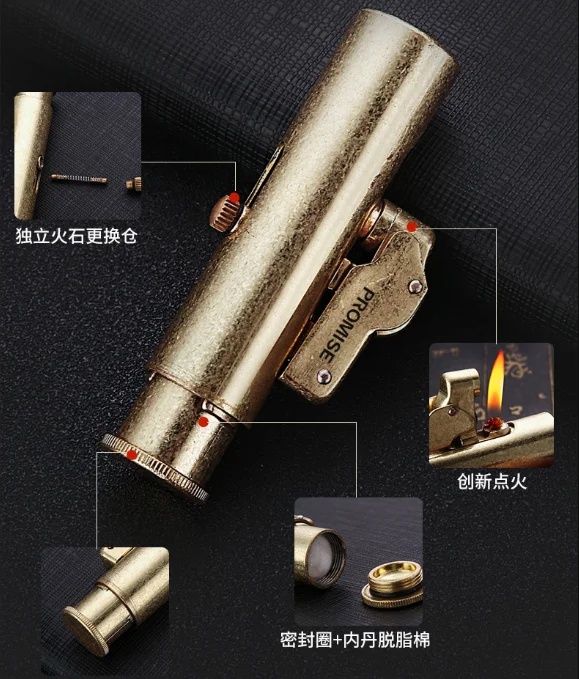 PROMISE trench латунная медная керосиновая зажигалка, машинный переключатель ностальгическая Механическая ветрозащитная бензиновая Зажигалка-7,3 см