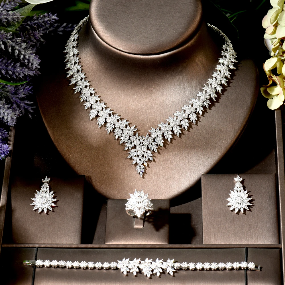 HIBRIDE Geometric Sparkling Fancy White Cubic Zirconia Necklace Earrings Set for Women Dubai White Color Bridal Jewelry N-1837 - Image 2