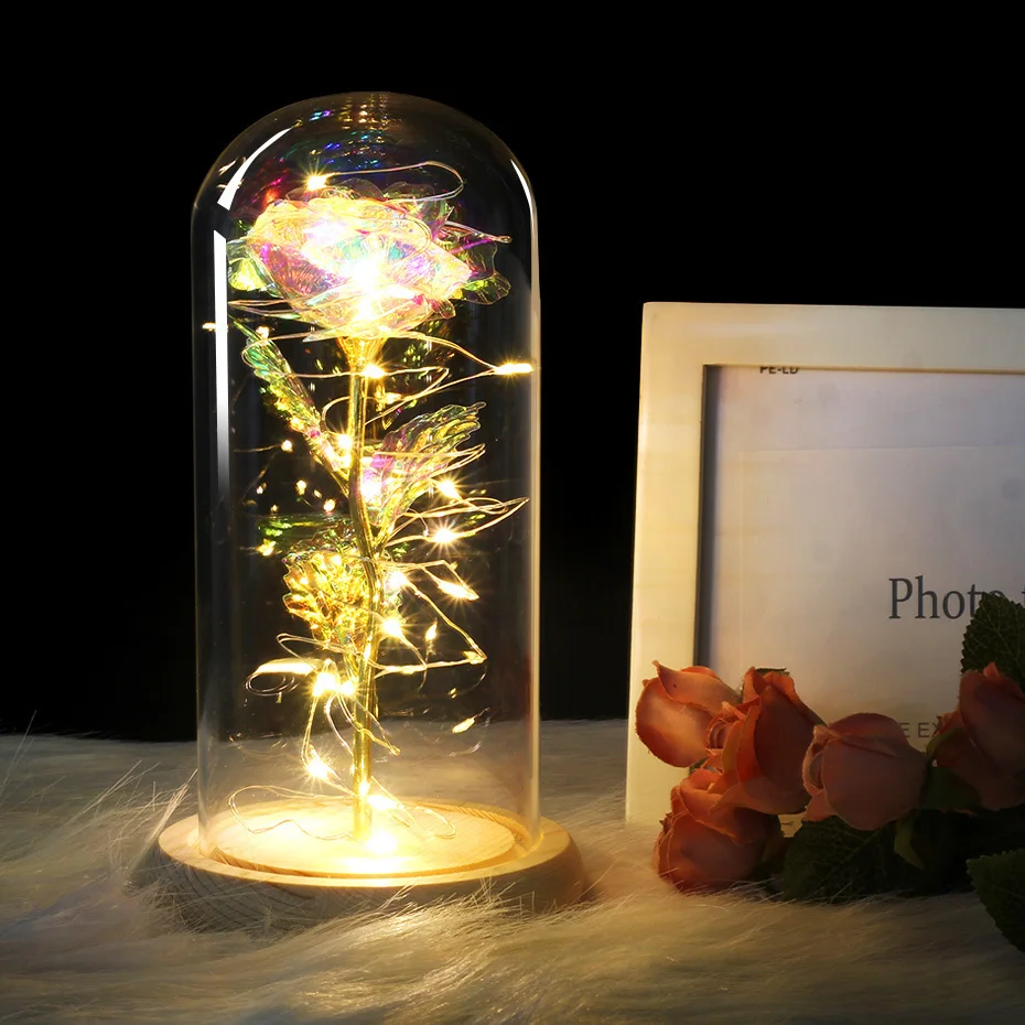 

Hot Valentines Day Gift Beauty And The Beast Platinum Red Golden Rose With Led Light In Glass Dome Black Base Mother's Day Gift