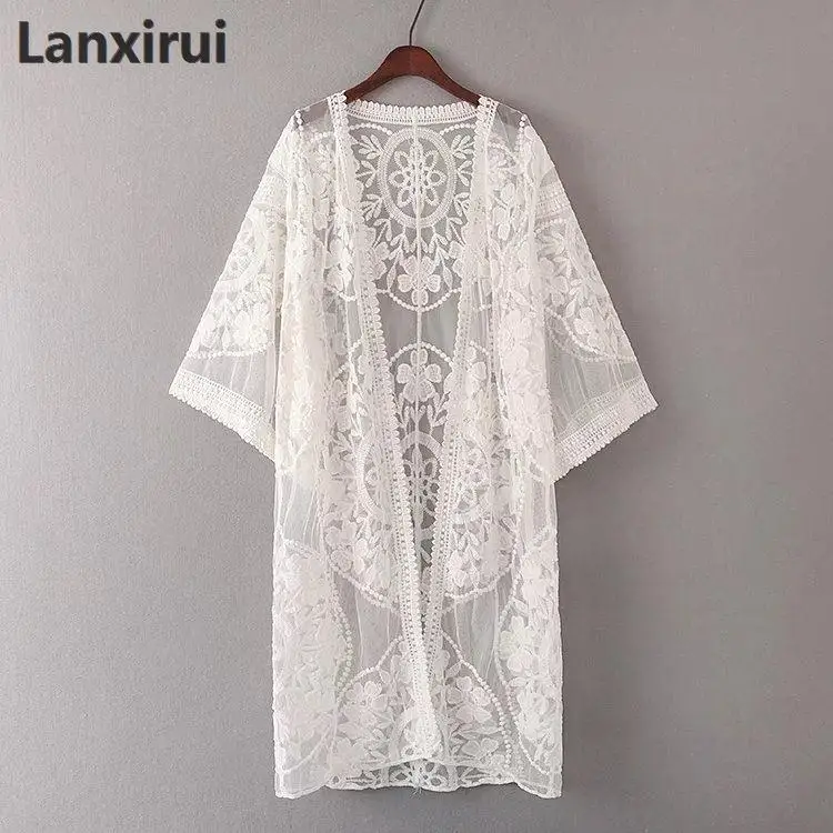 Белый кружевной кардиган-кимоно Boho женский прозрачный Удлиненный топ для