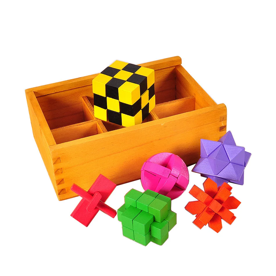 

6 Pcs/Set Multicolor IQ Brain Teaser Kong Ming Lock Lu Ban Lock 3D Wooden Interlocking Burr Puzzles Game Toy For Adults Kids 6Y+