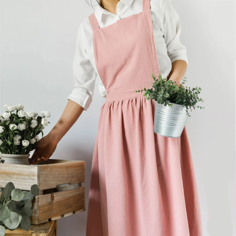 Retro American Lady Women Apron Cotton Linen High-grade Kitchen Apron For Cooking Baking Restaurant Photography Prop Solid Color