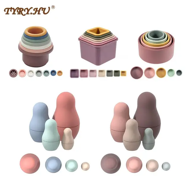TYRY.HU Baby Toys Silicone Building Block Silicone Teether Stacked Cup Bear Cat Matryoshka Soft Block Educational Montessori Toy 1