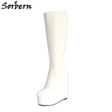 Sorbern/белые сапоги до колена на танкетке; зимняя стильная обувь; удобные женские сапоги; цвета на заказ; круглый носок; размера плюс