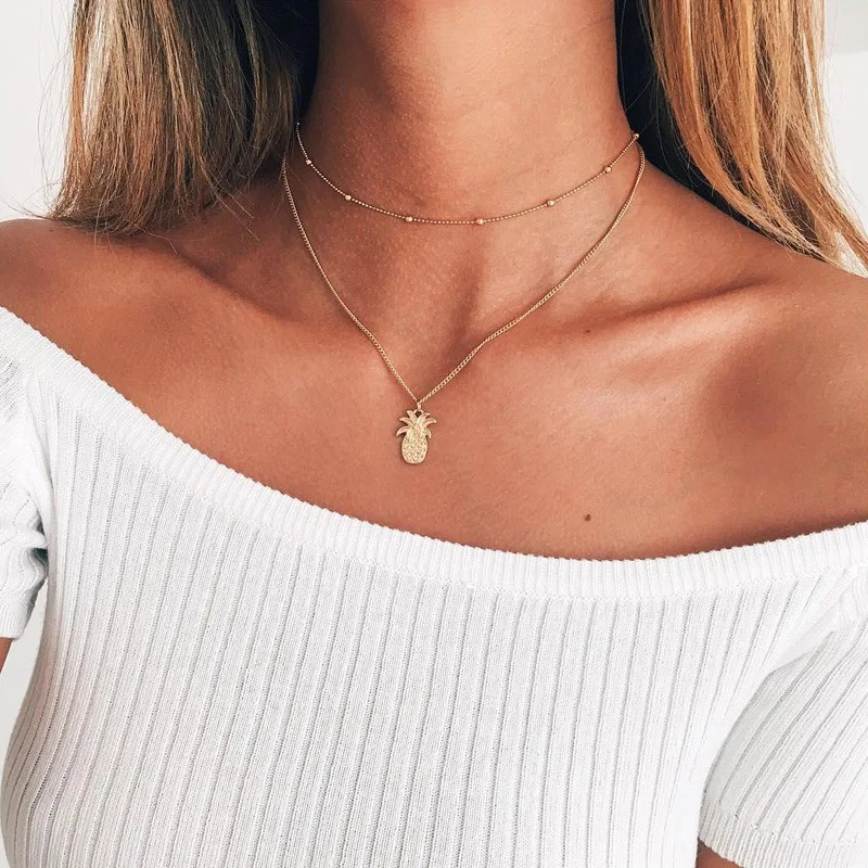 2021 New Fashion Necklaces Simple Gold Bead Choker Pineapple Pendant MultiLayer Necklace For Women Double Chain Jewelry | Украшения и