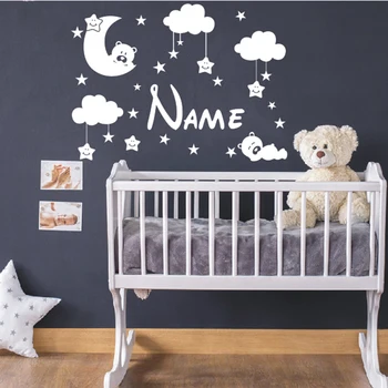 

Cute Bear With Moon Wall Sticker Nursery Bedroom Décor Custom Kids Any Name Vinyl Decals Moon And Stars Stickers Art AZ950
