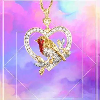 

Berbeny Lovely Animal Bird Sparrow Heart-shaped Necklace Pendants Alloy Crystal Gold Color Clavicle Pendant For Women Girl