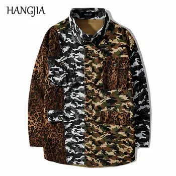 

Leopard Print Cargo Jacket Men Camouflage Safari Jackets Coats Double Wear 2019 Patchwork Long Cargo Jackets Spring Autumn