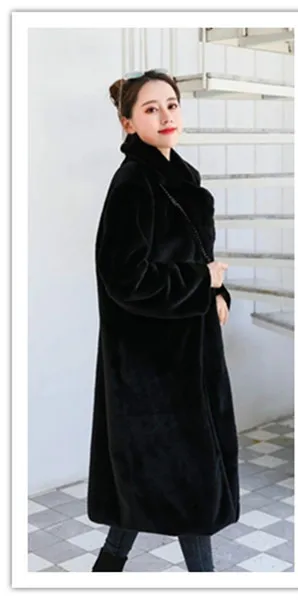 warm liner black Зимнее женское высококачественное пальто из искусственного кроличьего меха, роскошное длинное меховое пальто, Свободное пальто с отворотом, толстое теплое женское плюшевое пальто больших размеров - Цвет: warm liner black