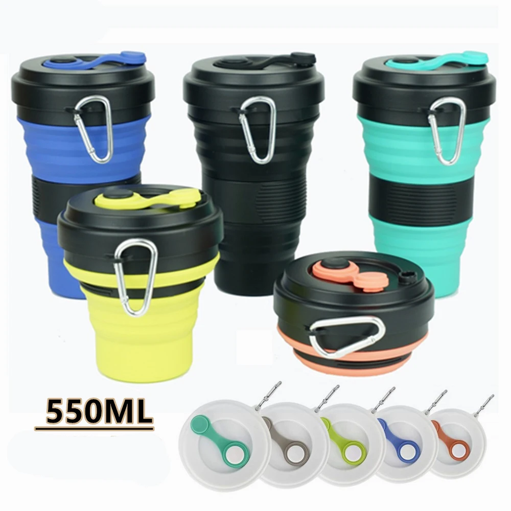 

550ml Folding Silicone 5 color Portable Silicone Telescopic Drinking Collapsible coffee cup folding silica cup with Lids Travel