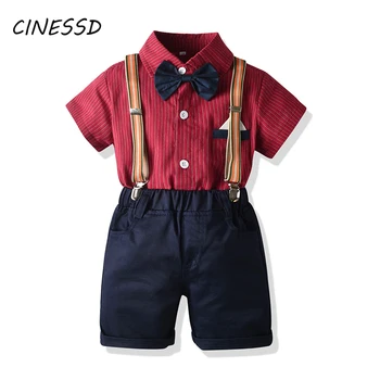 

children clothes Toddler Baby Boys Gentleman Bowtie Striped Shirts+Shorts Outfits roupa infantil Kids Boy Summer suit 0-3Years