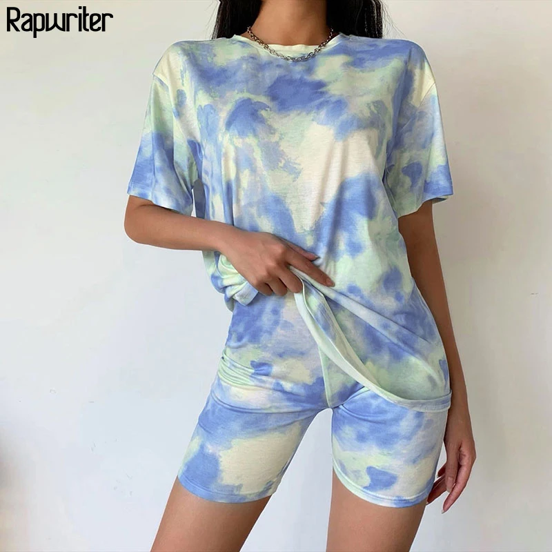 

Rapwriter Tie Dye Print Summer Tshirt And Shorts Two Piece Set Women Oversized Tshirt Slim Shorts Outfits Femme Biker Track Suit