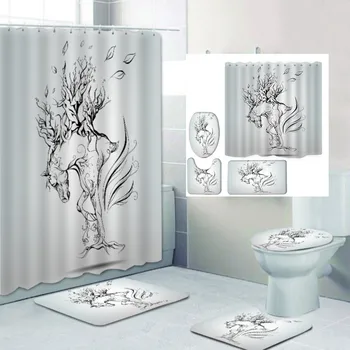 

Nature Animal Scenery Printed Pattern Shower Curtain Pedestal Rug Lid Toilet Cover Mat Bath Mat Set Bathroom Curtains With Hooks