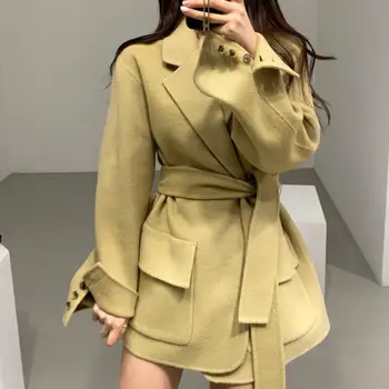 

Autumn and winter French retro temperament woolen coat women lapel large pocket belted suit jacket