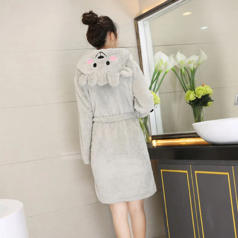 Nightgown For Women Spring Coral Velvet Warm Hooded Women Bathrobe Cartoon Sashes Cloak Thick Medium-Long Soft Night Dress