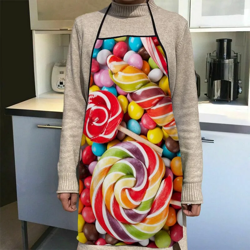Custom Candy Pattern Kitchen Apron Dinner Party Cooking Apron Adult Baking Accessories Waterproof Fabric Printed Cleaning Tools 3