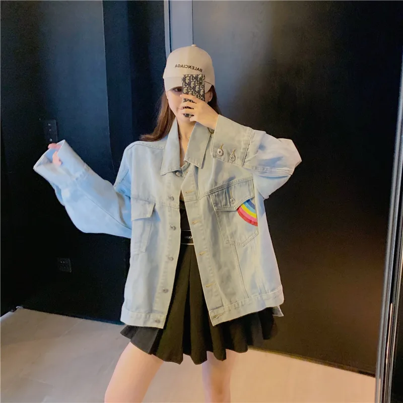 

Photo Shoot Net Price ~ Korean-style Front And Back Rainbow Embroidered Washing Water Versatile Loose-Fit Jeans Coat 632 #