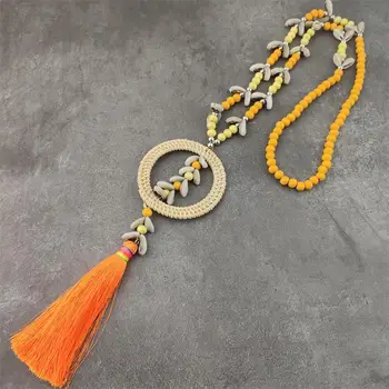 

Orange Wood bead necklace with handmade Natural shell Silk tassel long necklace for women jewelry
